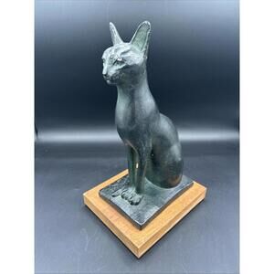 Austin Prod 1965 Ceramic Egyptian Cat Figurine on Wood Base, Vintage Decor